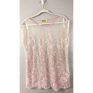 Ivory Sheer Mesh Top L Pink Floral Embroidered Y2K Coquette Fairycore Soft Girl